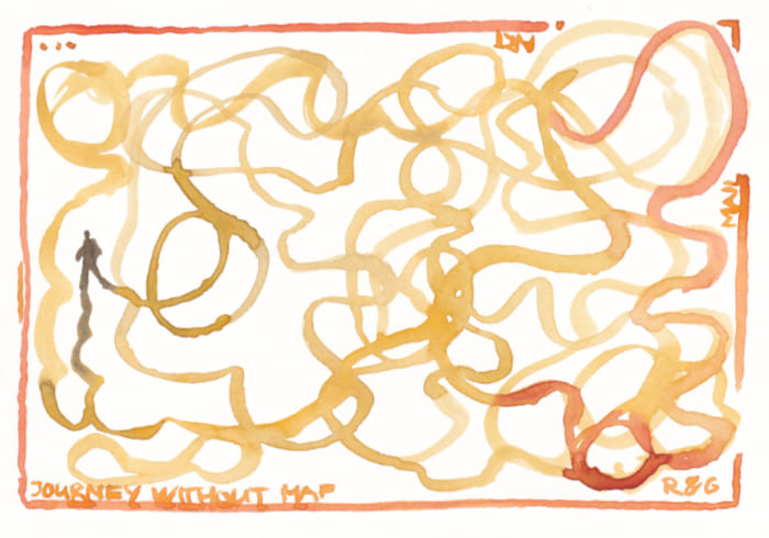 Das Aquarellbild mit dem Titel Journey without Map zeigt eine abstrakte Darstellung einer Reise, dargestellt durch eine Figur und ein Labyrinth von verworrenen Linien - Postkarte Mail Art Arte Postale