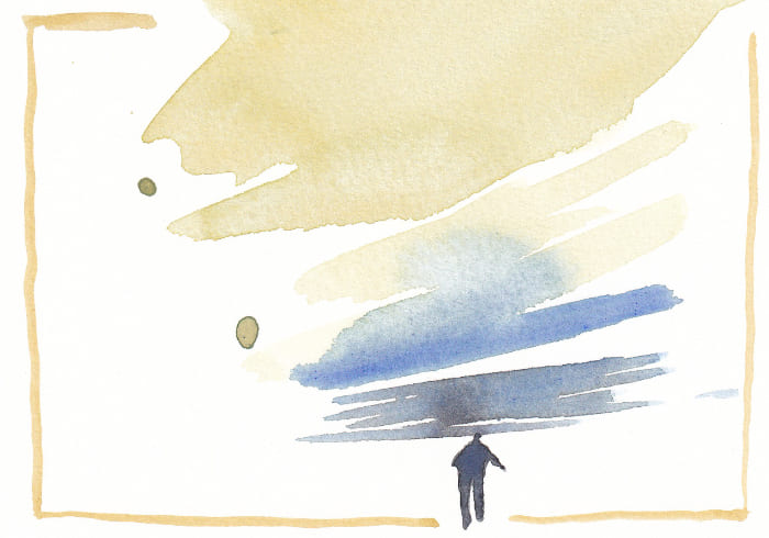 Das Aquarellbild zeigt eine einsame Figur, die auf einen farbigen Himmel blickt, eine Szene von Stille und Kontemplation darstellend. - Postkarte Mail Art Arte Postale