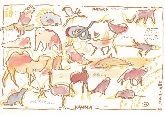 Postkarte Postkarte Mail Art Arte Postale- Diese farbenfrohe Illustration präsentiert eine Zusammenstellung verschiedener Tierzeichnungen, die in einem lockeren, skizzenhaften Stil dargestellt sind, und fängt die Vielfalt der Fauna ein