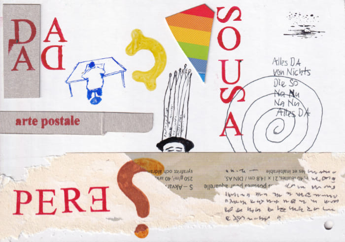 Die Collage kombiniert verschiedene Elemente wie Schrift, Zeichnungen, farbige Papierfetzen und Textfragmente -Postkarte Mail Art Arte Postale