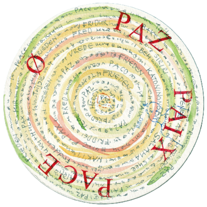 Das Aquarell zeigt eine kreisförmige Komposition mit ineinander verschlungenen, farbigen Spiralen, in denen Worte für Frieden in verschiedenen Sprachen. Postkarte Mail Art Arte Postale
