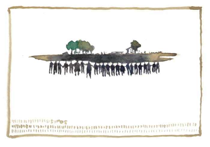 Eine Aquarellillustration zeigt eine Gruppe von Menschen, die sich an den Händen halten und eine schmale Landmasse unter einer Silhouette von Bäumen und Gebäuden tragen, was ein starkes Gefühl der Einheit und kollektiven Anstrengung vermittelt - Postkarte Mail Art Arte Postale