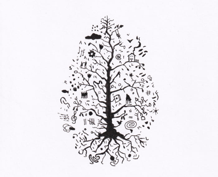 Die Tuschezeichnung zeigt einen stilisierten Baum, der mit verschiedenen Symbolen und Elementen geschmückt ist. Postkarte Mail Art Arte Postale