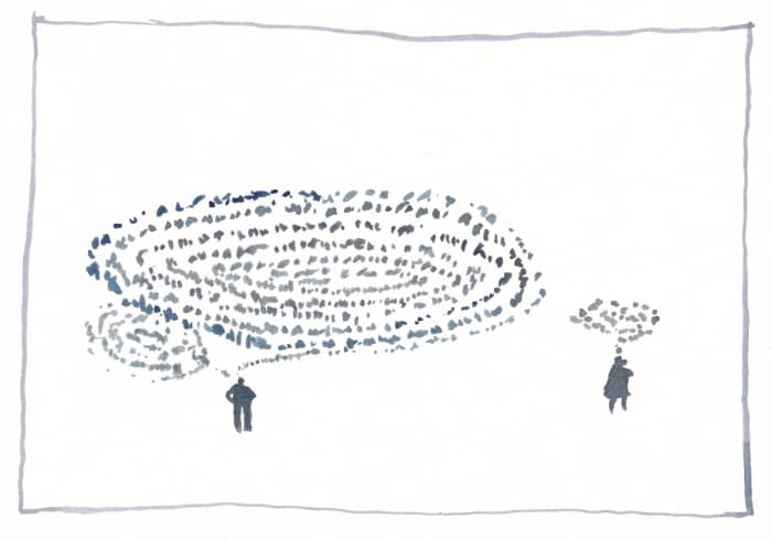 Menschen mit Sprechblase, einer mit einer viel grösseren als der andere. - Postkarte Mail Art Arte Postale