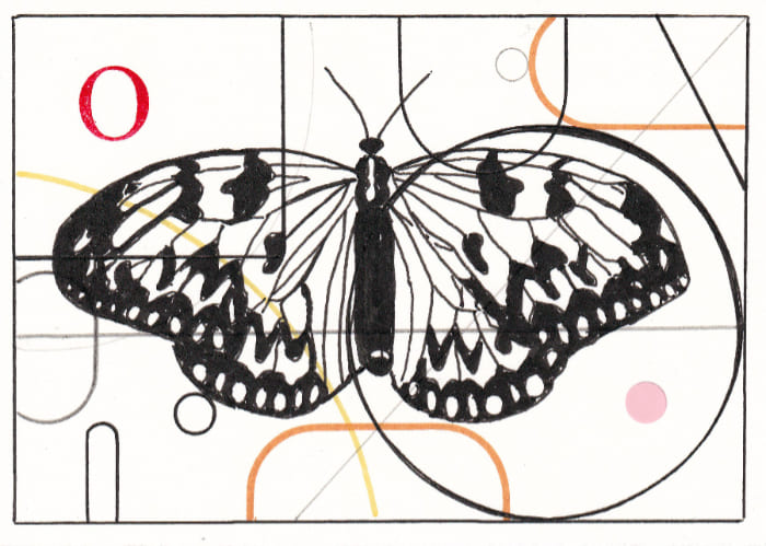 Postkarte Eine grafische Darstellung zeigt eine detailreich gezeichnete Schmetterlingsform, die von abstrakten geometrischen Formen und Linien umrahmt wird, was einen modernen und künstlerischen Eindruck vermittelt. Postkarte Mail Art Arte Postale