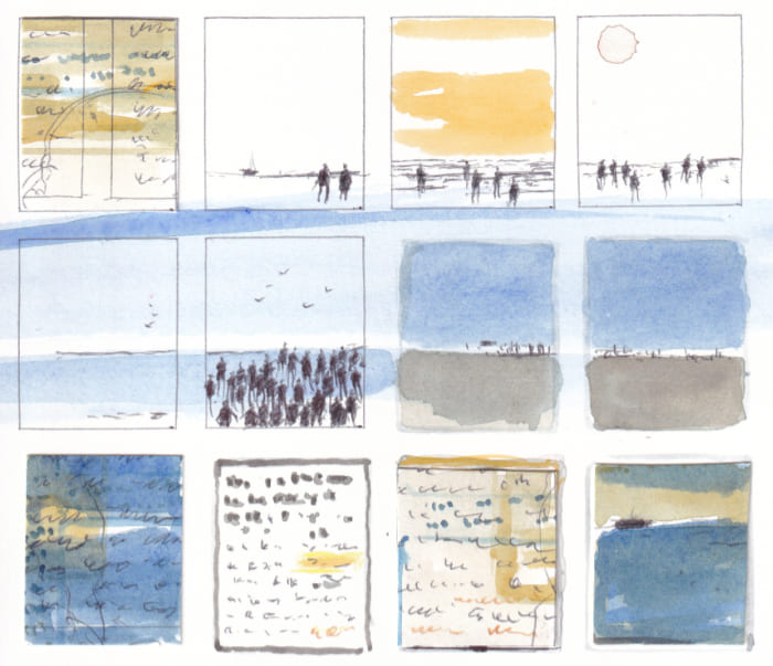 Zwölf Sequenzen zeigen eine Küstenlandschaft mit Menschen - Postkarte Mail Art Arte Postale