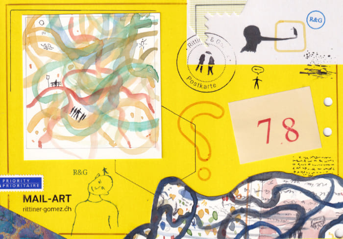 Bunte Postkarte mit abstrakter Malerei und Stempeln - Postkarte Mail Art Arte Postale