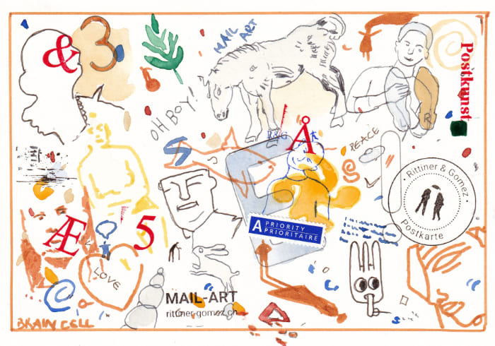 Bunt und chaotisch: Kritzeleien und Collagen auf Postkarte. - Postkarte Mail Art Arte Postale