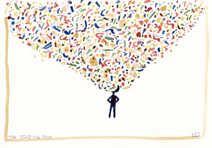 Ein Mensch unter einem Schauer von bunten Formen - Postkarte Mail Art Arte Postale