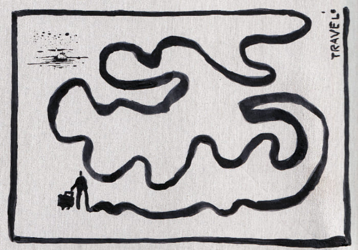 Eine minimalistische Tuschezeichnung zeigt eine einzelne Figur mit einem Koffer am Anfang eines verschlungenen Pfades, einer Reise. - Postkarte Mail Art Arte Postale