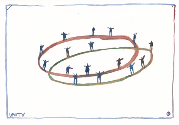 Eine zarte Aquarellzeichnung zeigt eine Gruppe von stilisierten Silhouetten, die sich auf miteinander verbundenen Ringen vereinen, was das Konzept der Einheit symbolisiert. - Postkarte Mail Art Arte Postale